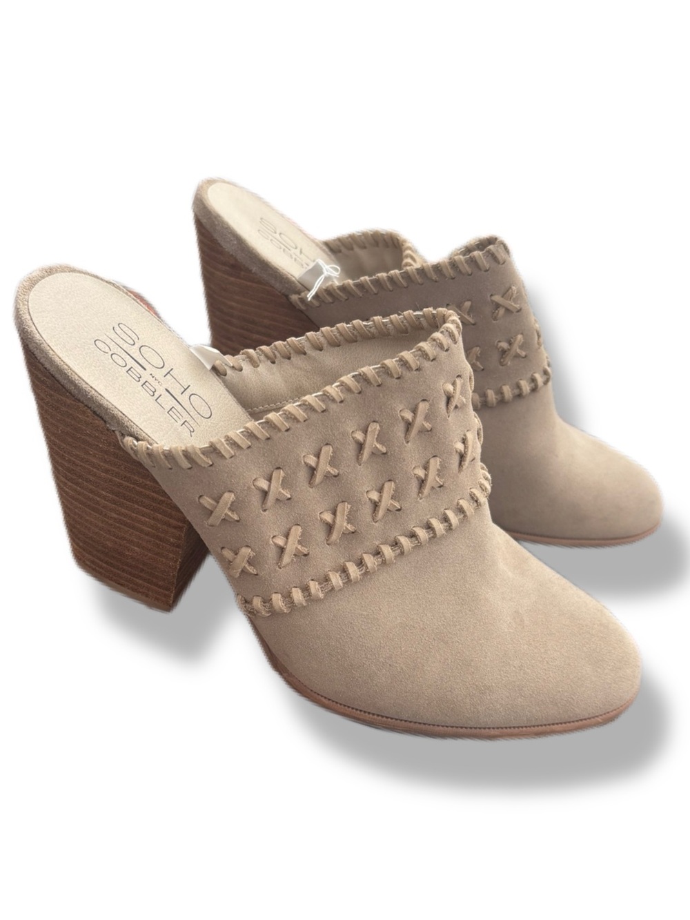 Soho Cobbler Leather Mule Clogs Size 10 Taupe Whipstitch Block Heel EUC